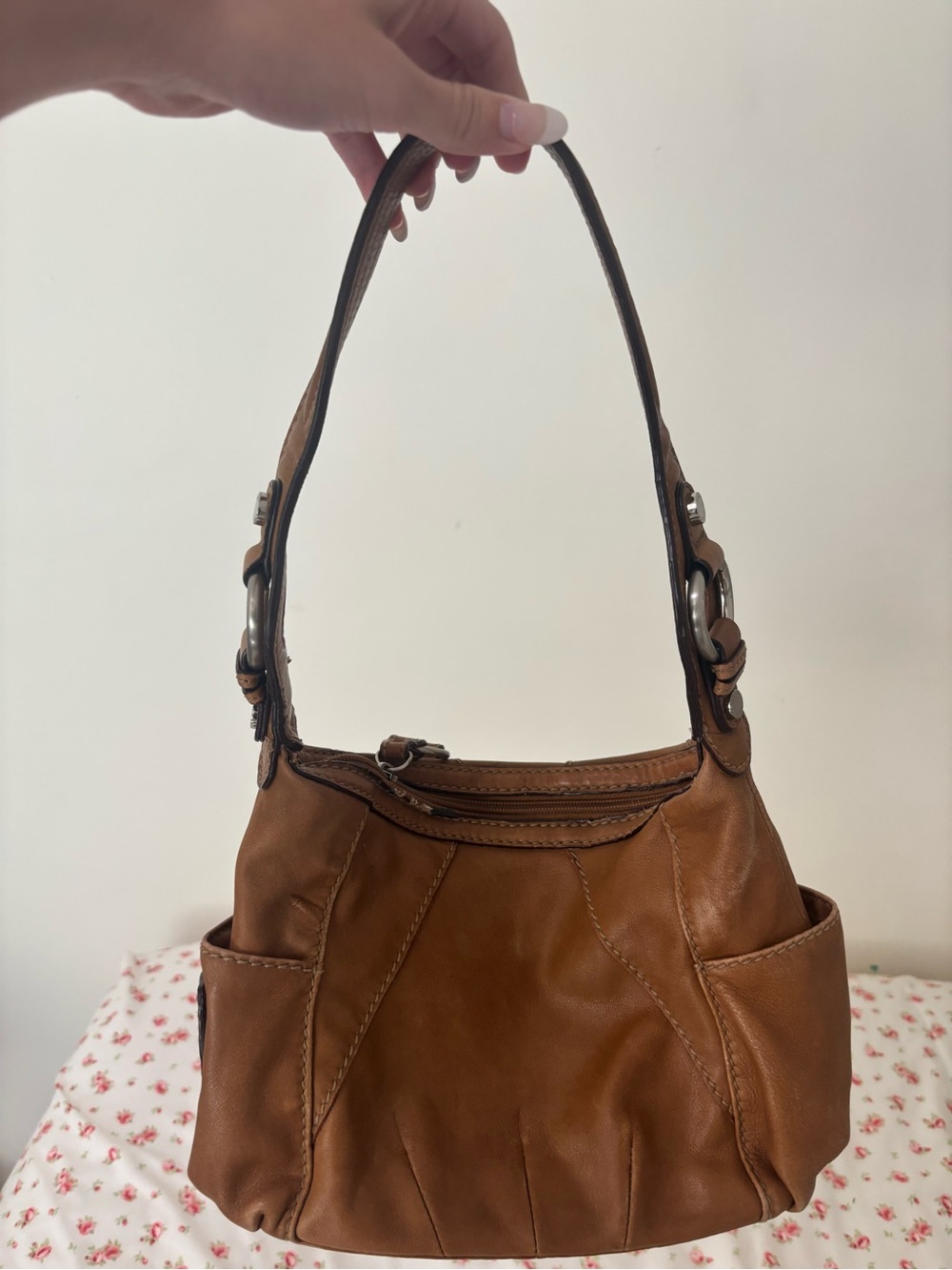 Tignanello Brown Leather Shoulder Bag with Side Pockets
